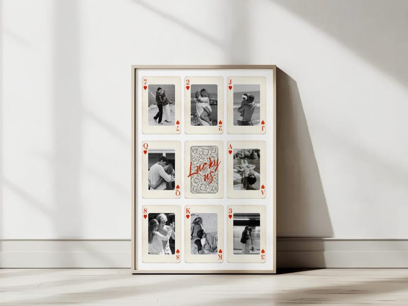 Custom “Lucky Us” couple poster inspired by classic playing cards, ideal for Valentine’s Day, anniversaries, birthdays, or last-minute romantic gifts, fully editable Canva template, printable digital download, personalize text, colors, fonts, layout, add multiple photos and initials, modern aesthetic wall art for couples, romantic keepsake for him, her, or newlyweds.