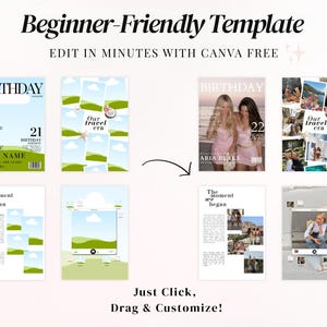 Editable Canva Birthday Vogue magazine template for best friend, luxury aesthetic birthday gift idea, personalized fashion magazine cover with photo collage pages, trendy Pinterest inspired birthday scrapbook, printable digital keepsake for sister or BFF, modern girly birthday newspaper design, customizable Canva template with editable text and photos, unique friendship birthday surprise.