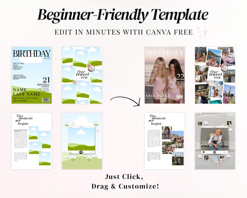Editable Canva Birthday Vogue magazine template for best friend, luxury aesthetic birthday gift idea, personalized fashion magazine cover with photo collage pages, trendy Pinterest inspired birthday scrapbook, printable digital keepsake for sister or BFF, modern girly birthday newspaper design, customizable Canva template with editable text and photos, unique friendship birthday surprise.