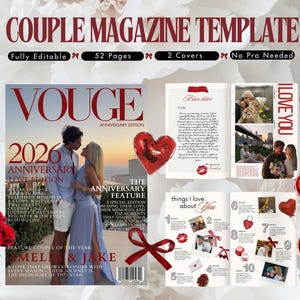 以下が含まれることがあります： 「Couple Magazine Template」というタイトルの雑誌テンプレート。表紙には「Vouge」の文字が書かれています。表紙にはカップルと「2026 Anniversary Love Edition」という文字が描かれています。テンプレートには52ページ、2つの表紙があり、完全に編集可能です。