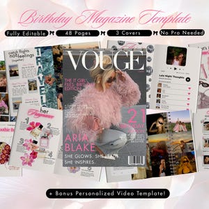 Könnte beinhalten: Eine Magazinvorlage mit einem rosa und weißen Thema, mit dem Text "Birthday Magazine Template". Die Vorlage umfasst 48 Seiten, 3 Cover und ist vollständig editierbar. Das Vogue-Magazin-Cover zeigt eine Frau in rosa.