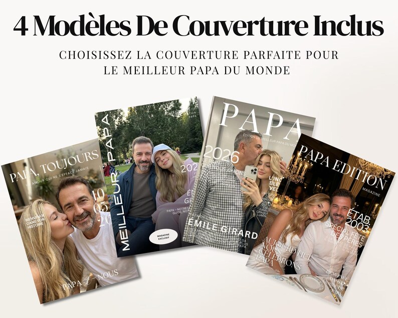 Magazine DIY pour la Fête des Pères, modèle Canva de 52 pages avec 4 couvertures personnalisables. Cadeau numérique à imprimer ou partager, parfait pour créer un souvenir unique pour papa. Idéal pour anniversaire, Fête des Pères ou cadeau sentimental. Ajoutez vos photos, souvenirs et messages personnels. Design moderne et professionnel type magazine lifestyle. Facile à modifier sur Canva Free, téléchargement instantané après achat.