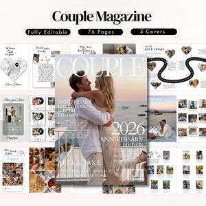Può includere: Un modello di rivista digitale intitolato Couple Magazine con 76 pagine e 3 copertine. Il layout include collage di foto, una mappa a forma di cuore, un'interfaccia per playlist e un'immagine di copertina di una coppia al tramonto.