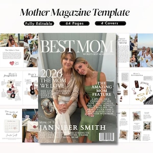 以下が含まれることがあります： 64ページと4つの表紙で構成されるMother Magazine Templateというデジタル雑誌テンプレート。中央の表紙には「BEST MOM」「2026」「THE MOM WE LOVE」「JANNIFER SMITH」というテキストと、二人が座っている写真が掲載されています。