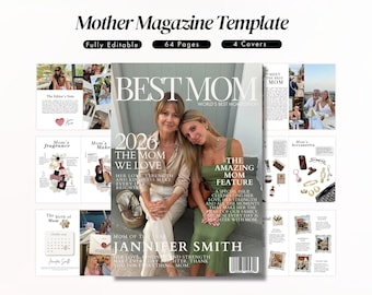 May include: A digital magazine template titled Mother Magazine Template featuring 64 pages and 4 covers. The central cover displays the text BEST MOM, 2026, THE MOM WE LOVE, and JANNIFER SMITH, alongside a photograph of two people sitting together.