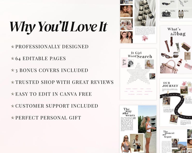 Aesthetic Birthday Vogue magazine template for Canva, personalized birthday gift for bestie, luxury editable fashion magazine cover design, trendy photo collage birthday scrapbook, printable digital friendship memory book, TikTok inspired birthday newspaper layout, modern girly Canva template with editable photos and text, DIY stylish birthday surprise for her.