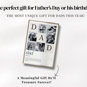 Framed personalized Dad Definition Poster displayed as modern home decor. Custom Father's Day gift featuring family memories, meaningful definition text and photo collage layout. Printable wall art for dad, husband or grandpa. Editable Canva template, instant digital download, unique keepsake gift, minimalist design suitable for living room, office or family gallery wall.