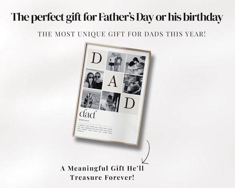Framed personalized Dad Definition Poster displayed as modern home decor. Custom Father's Day gift featuring family memories, meaningful definition text and photo collage layout. Printable wall art for dad, husband or grandpa. Editable Canva template, instant digital download, unique keepsake gift, minimalist design suitable for living room, office or family gallery wall.
