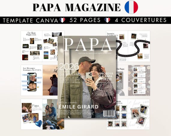 Modèle de magazine personnalisé papa – Template Canva – Magazine personnalisé fête des pères – Idée cadeau anniversaire papa original DIY