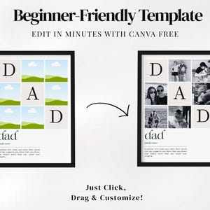 Editable Canva Dad Definition Poster template showing customizable text, names, dates and family photos. Personalized Father's Day gift printable, custom dad wall art, unique gift for father, modern photo collage poster. Easy drag-and-drop editing, Canva free compatible, instant download digital product, meaningful family keepsake for Father's Day, birthdays and special occasions.