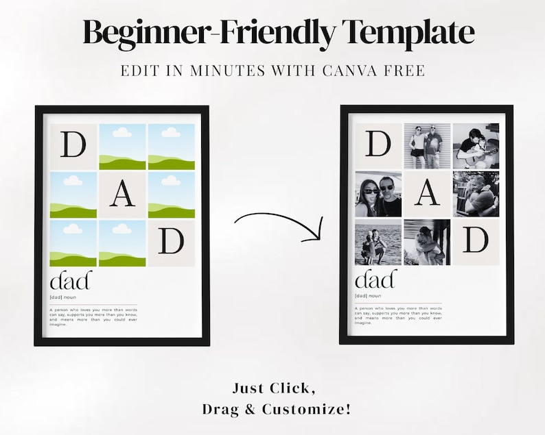 Editable Canva Dad Definition Poster template showing customizable text, names, dates and family photos. Personalized Father's Day gift printable, custom dad wall art, unique gift for father, modern photo collage poster. Easy drag-and-drop editing, Canva free compatible, instant download digital product, meaningful family keepsake for Father's Day, birthdays and special occasions.
