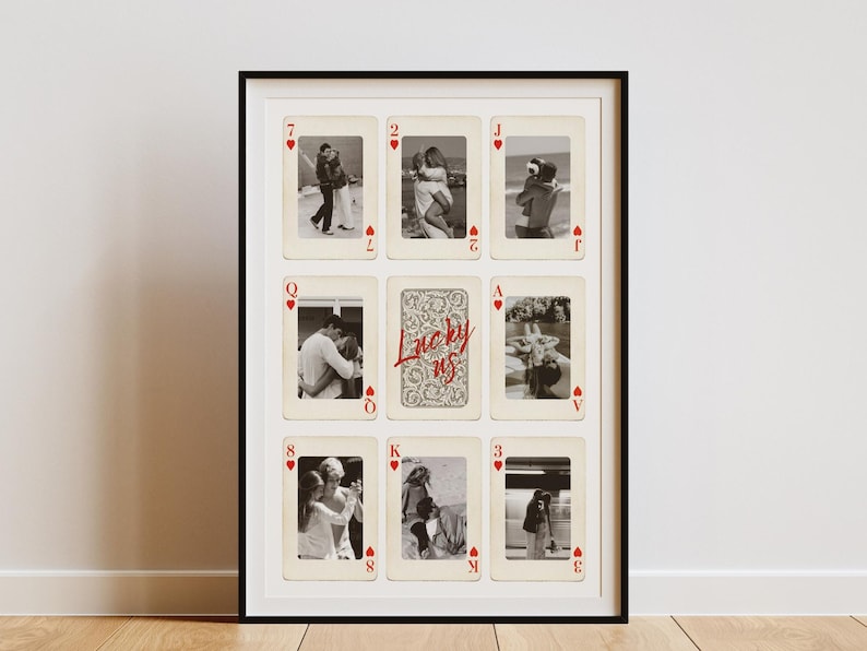 Personalized couple playing card poster with “Lucky Us” design, perfect Valentine’s Day gift, anniversary present, or last-minute romantic gift for him or her, fully editable Canva template, digital download, add multiple photos, customize text, colors, layout, and card symbols, replace letters with initials, modern couple wall art, unique romantic keepsake, stylish home decor for couples.