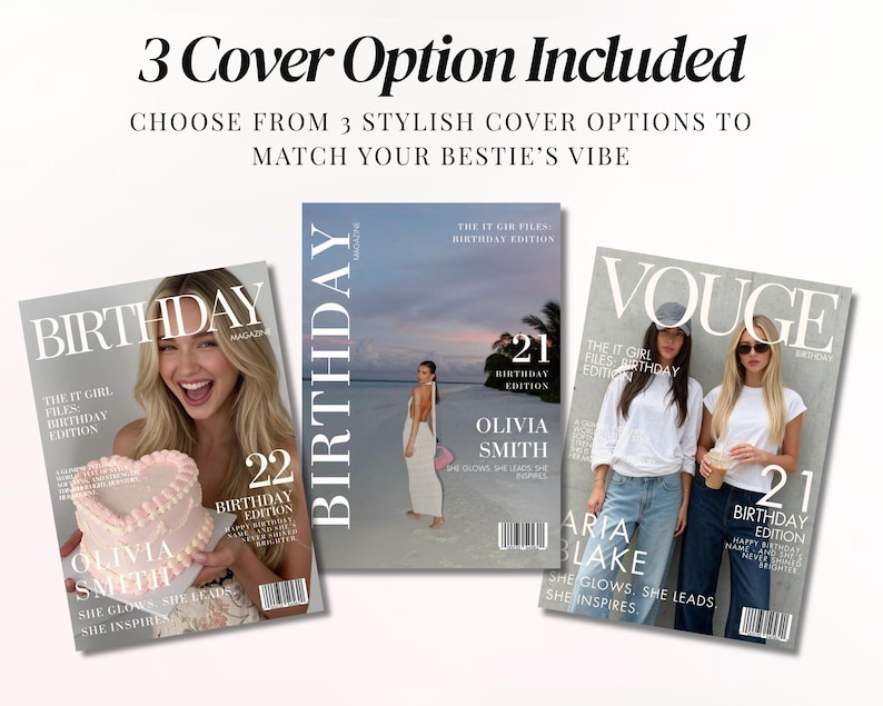 Birthday Vogue magazine Canva template for best friend, personalized aesthetic birthday keepsake with editable collage pages, luxury fashion magazine inspired birthday gift for sister or girlfriend, printable digital friendship memory book, trendy TikTok birthday newspaper design, customizable Canva scrapbook layout, modern girly birthday photo album, unique DIY birthday surprise for girls.