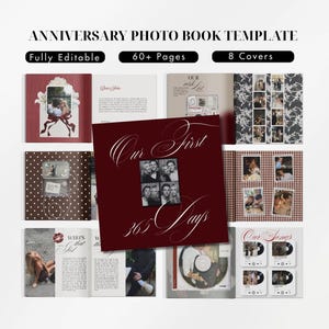Op de afbeelding: Een jubileum fotoboek sjabloon met meer dan 60 pagina's en 8 covers. De lay-out bevat diverse spreads met fotokaders, tekstvakken en decoratieve elementen. Een centrale donkerrode vierkante cover toont de tekst Our First 365 Days.