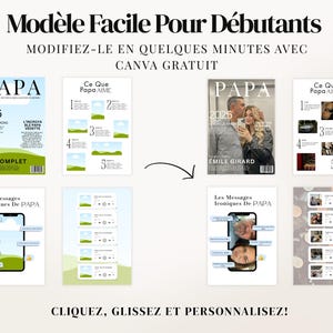 Magazine de la Fête des Pères personnalisable sur Canva, modèle digital de 52 pages avec 4 couvertures incluses. Cadeau imprimable parfait pour papa, idéal pour la Fête des Pères, anniversaire ou Noël. Facile à modifier avec Canva Free, ajoutez vos photos, souvenirs et messages personnels. Design moderne style magazine professionnel. Téléchargement instantané. Cadeau sentimental unique pour créer un souvenir familial inoubliable.
