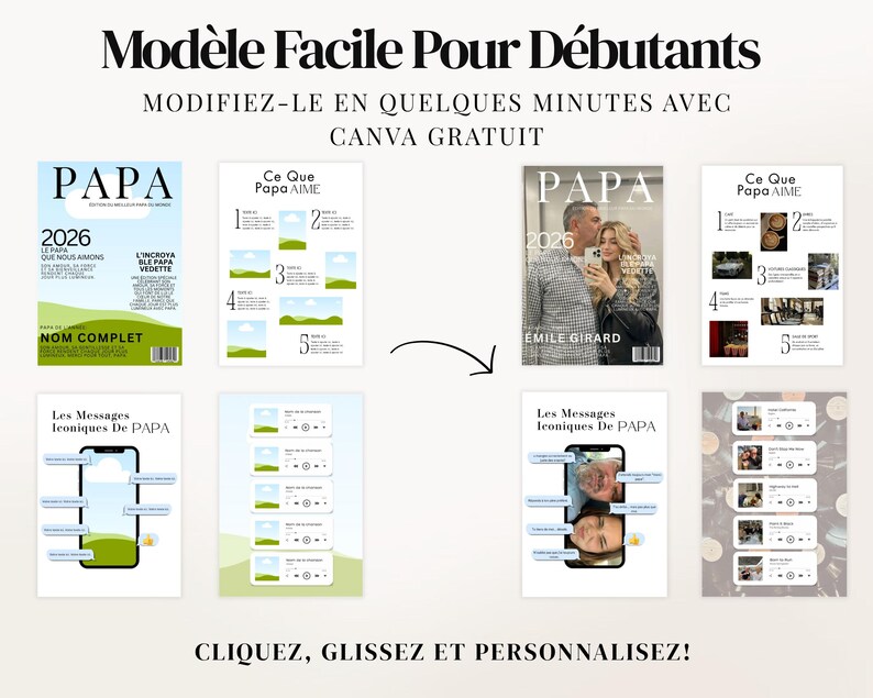 Magazine de la Fête des Pères personnalisable sur Canva, modèle digital de 52 pages avec 4 couvertures incluses. Cadeau imprimable parfait pour papa, idéal pour la Fête des Pères, anniversaire ou Noël. Facile à modifier avec Canva Free, ajoutez vos photos, souvenirs et messages personnels. Design moderne style magazine professionnel. Téléchargement instantané. Cadeau sentimental unique pour créer un souvenir familial inoubliable.