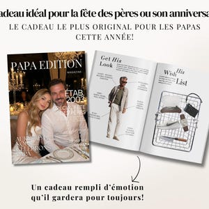 Template Canva de magazine pour papa, cadeau digital imprimable de 52 pages avec 4 couvertures incluses. Parfait pour la Fête des Pères, anniversaire ou cadeau émotionnel. Entièrement modifiable sur Canva Free sans compétences en design. Ajoutez photos, textes et souvenirs pour créer un magazine unique et sentimental. Design élégant et moderne. Téléchargement instantané, idéal pour créer un cadeau personnalisé inoubliable pour un père.