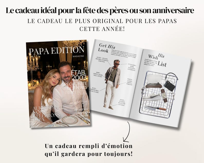 Template Canva de magazine pour papa, cadeau digital imprimable de 52 pages avec 4 couvertures incluses. Parfait pour la Fête des Pères, anniversaire ou cadeau émotionnel. Entièrement modifiable sur Canva Free sans compétences en design. Ajoutez photos, textes et souvenirs pour créer un magazine unique et sentimental. Design élégant et moderne. Téléchargement instantané, idéal pour créer un cadeau personnalisé inoubliable pour un père.