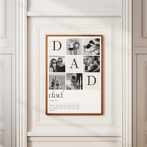 First Father's Day personalized definition poster for new dads. Custom printable wall art featuring family photos, meaningful definition text and modern minimalist design. Unique Father's Day gift from wife, baby, son or daughter. Editable Canva template, instant download keepsake, printable at home or professional print shop, thoughtful memory gift celebrating fatherhood.