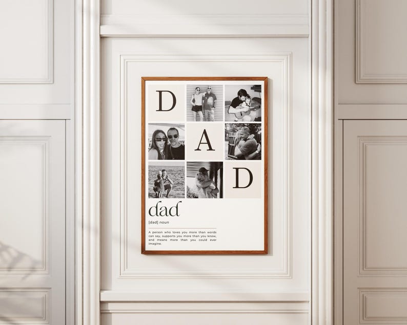 First Father's Day personalized definition poster for new dads. Custom printable wall art featuring family photos, meaningful definition text and modern minimalist design. Unique Father's Day gift from wife, baby, son or daughter. Editable Canva template, instant download keepsake, printable at home or professional print shop, thoughtful memory gift celebrating fatherhood.