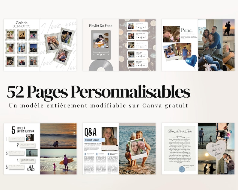 Cadeau imprimable pour papa : magazine personnalisé de 52 pages avec 4 couvertures incluses, entièrement modifiable sur Canva. Idéal pour la Fête des Pères, anniversaire ou cadeau sentimental. Créez un souvenir unique rempli de photos, messages, anecdotes et moments familiaux. Design élégant style magazine moderne. Facile à personnaliser même sans expérience. Téléchargement instantané, parfait cadeau DIY pour un père, beau-père ou nouveau papa.