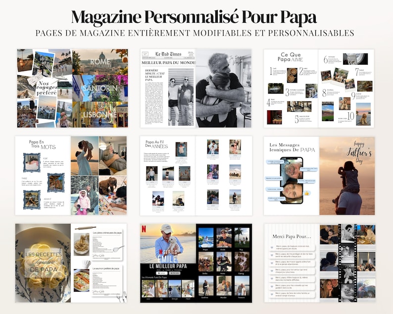 Modèle de magazine pour la Fête des Pères à personnaliser sur Canva Free, comprenant 52 pages entièrement éditables et 4 options de couverture élégantes. Cadeau digital à imprimer pour papa, idéal comme cadeau d’anniversaire, Fête des Pères ou souvenir émotionnel. Ajoutez vos photos, textes et histoires de famille pour créer un magazine unique. Design professionnel, moderne et facile à utiliser. Téléchargement instantané, cadeau DIY parfait pour papa.