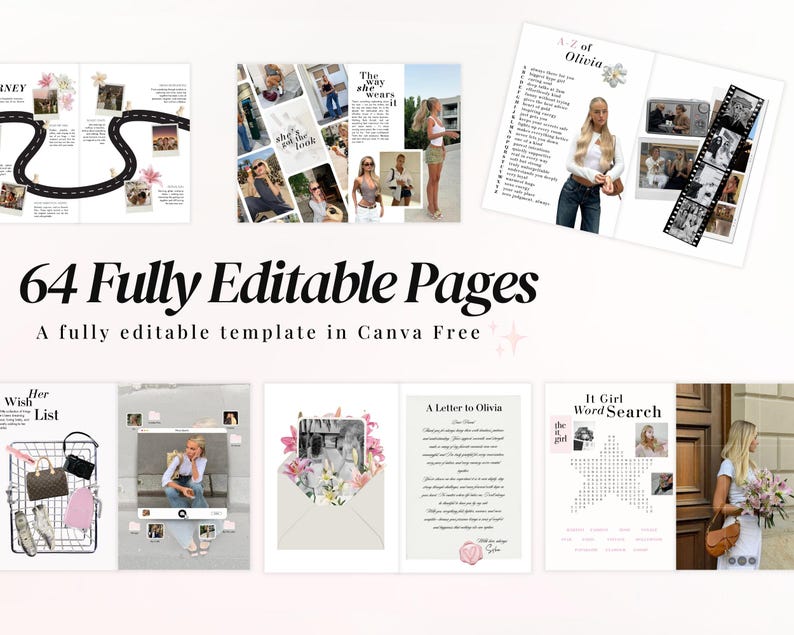 Luxury Vogue inspired birthday magazine template editable in Canva, personalized best friend birthday gift, aesthetic digital scrapbook and friendship memory book, trendy Pinterest photo collage layout, printable birthday newspaper style design for sister or girlfriend, customizable fashion magazine cover with editable text and photos, DIY birthday surprise idea, modern girly Canva birthday keepsake.