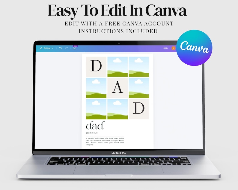 Personalized Dad Definition Poster with custom family photos and heartfelt message. Unique Father's Day gift for dad, husband, stepdad or grandpa. Editable Canva template, printable wall art, instant download digital file. Meaningful family keepsake, custom photo collage gift, modern minimalist home decor. Easy DIY Father's Day present, print at home or local print shop and frame in minutes.