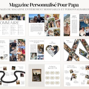 Magazine de la Fête des Pères personnalisable sur Canva, modèle digital de 52 pages avec 4 couvertures incluses. Cadeau imprimable unique pour papa, idéal pour la Fête des Pères, anniversaire, Noël ou toute occasion spéciale. Facile à modifier avec Canva Free, ajoutez photos, messages et souvenirs de famille. Design moderne style magazine lifestyle. Téléchargement instantané, parfait cadeau sentimental et créatif pour créer un souvenir inoubliable.