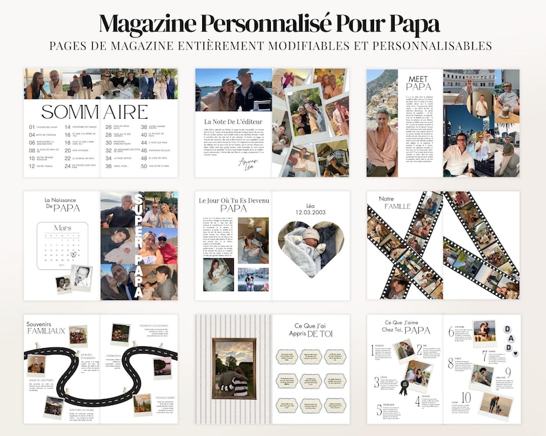Magazine de la Fête des Pères personnalisable sur Canva, modèle digital de 52 pages avec 4 couvertures incluses. Cadeau imprimable unique pour papa, idéal pour la Fête des Pères, anniversaire, Noël ou toute occasion spéciale. Facile à modifier avec Canva Free, ajoutez photos, messages et souvenirs de famille. Design moderne style magazine lifestyle. Téléchargement instantané, parfait cadeau sentimental et créatif pour créer un souvenir inoubliable.