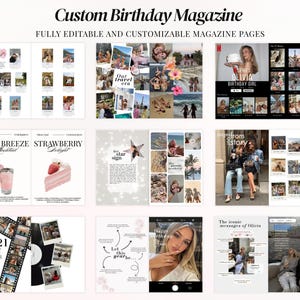 Custom Birthday Vogue magazine template for Canva, aesthetic birthday gift for bestie or sister, personalized fashion magazine style birthday keepsake, editable photo collage birthday newspaper design, trendy digital scrapbook memory book, printable luxury birthday poster and magazine cover, TikTok inspired friendship birthday surprise, modern girly Canva template with customizable photos and text.