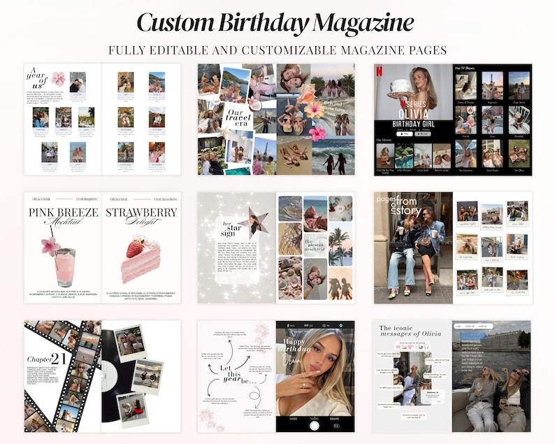 Custom Birthday Vogue magazine template for Canva, aesthetic birthday gift for bestie or sister, personalized fashion magazine style birthday keepsake, editable photo collage birthday newspaper design, trendy digital scrapbook memory book, printable luxury birthday poster and magazine cover, TikTok inspired friendship birthday surprise, modern girly Canva template with customizable photos and text.