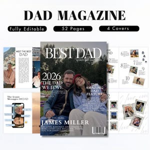 Pode incluir: Uma capa de revista intitulada "DAD MAGAZINE" com o título "BEST DAD". A capa apresenta uma foto de um homem e uma mulher. Páginas adicionais mostram fotos e texto, incluindo "Fully Editable", "52 Pages" e "4 Covers".