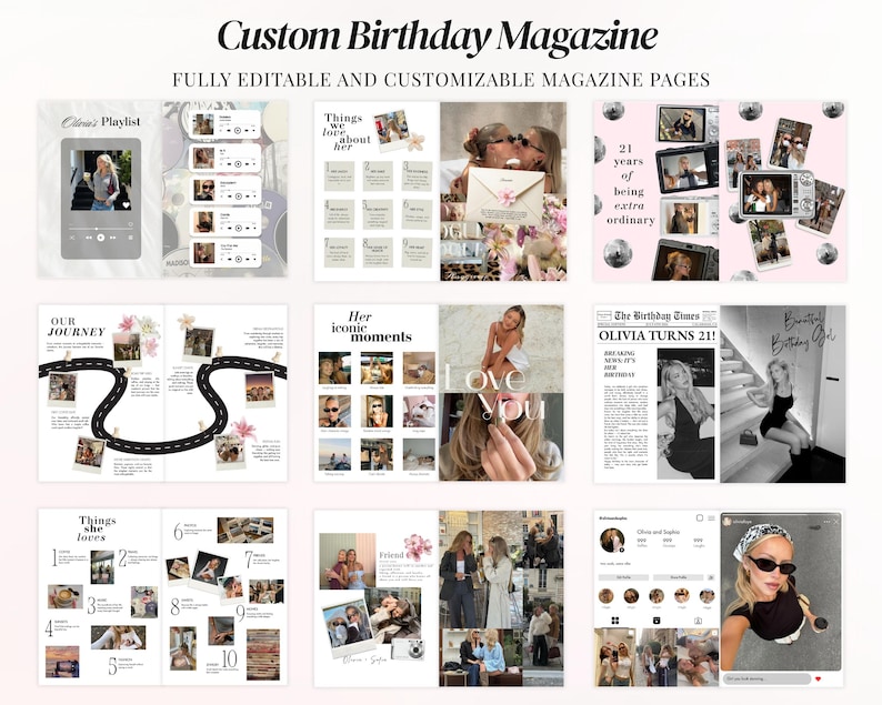 Editable Canva Birthday Vogue magazine template for best friend, personalized luxury birthday gift with aesthetic photo collage pages, trendy Pinterest inspired birthday scrapbook for sister or girlfriend, custom digital friendship keepsake, printable fashion magazine cover design, TikTok viral birthday newspaper layout, girly Canva birthday memory book with editable text and photos, unique DIY birthday surprise idea.