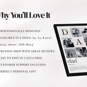 Custom Dad Definition Print celebrating love, strength and family memories. Personalized Father's Day gift, printable dad wall art, editable Canva template and instant download. Thoughtful gift from son, daughter or wife. Modern photo poster design, meaningful keepsake for Father's Day, birthdays, Christmas and special occasions. Simple to edit, download and print.