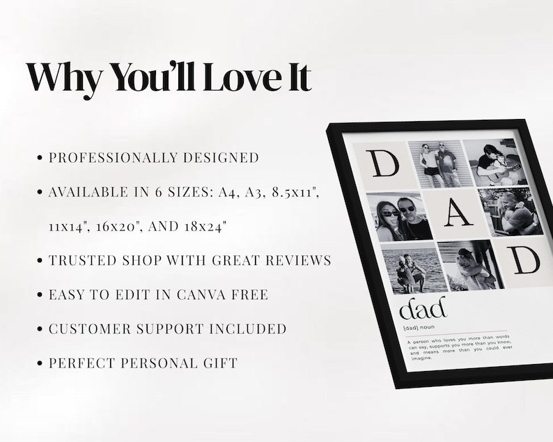 Custom Dad Definition Print celebrating love, strength and family memories. Personalized Father's Day gift, printable dad wall art, editable Canva template and instant download. Thoughtful gift from son, daughter or wife. Modern photo poster design, meaningful keepsake for Father's Day, birthdays, Christmas and special occasions. Simple to edit, download and print.