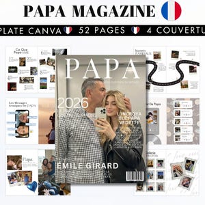 Magazine de la Fête des Pères personnalisable, modèle Canva de 52 pages avec 4 couvertures, cadeau numérique à imprimer pour papa. Idéal pour la Fête des Pères, anniversaire ou cadeau sentimental. Magazine DIY rempli de souvenirs, photos de famille et messages personnels. Cadeau unique pour papa, facile à modifier sur Canva Free. Téléchargement instantané, design moderne et élégant, parfait comme cadeau imprimable pour père, souvenir émouvant et personnalisé.