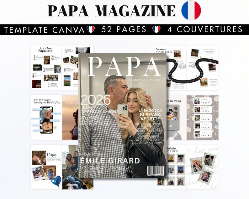 Magazine de la Fête des Pères personnalisable, modèle Canva de 52 pages avec 4 couvertures, cadeau numérique à imprimer pour papa. Idéal pour la Fête des Pères, anniversaire ou cadeau sentimental. Magazine DIY rempli de souvenirs, photos de famille et messages personnels. Cadeau unique pour papa, facile à modifier sur Canva Free. Téléchargement instantané, design moderne et élégant, parfait comme cadeau imprimable pour père, souvenir émouvant et personnalisé.