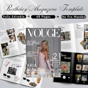 Może przedstawiać: Szablon magazynu z tytułem "Birthday Magazine Template" i tekstem "Fully Editable", "48 Pages" i "No Pro Needed". Okładka przedstawia kobietę w różowej sukience, ze słowem "VOUGE" na okładce. Inne strony są otwarte, pokazując zdjęcia i tekst.
