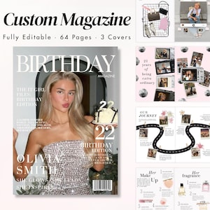 Może przedstawiać: Wyświetlany jest niestandardowy szablon magazynu z tekstem "Custom Magazine" i "BIRTHDAY MAGAZINE". Na okładce widnieje kobieta trzymająca ciasto. Dodatkowe strony wyświetlają zdjęcia, tekst i elementy projektu. Magazyn jest w pełni edytowalny, ma 64 strony i 3 okładki.