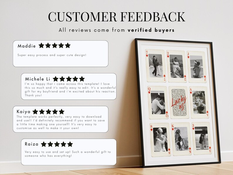 Digital couple poster featuring “Lucky Us” playing card theme, fully customizable Canva template, perfect for Valentine’s Day, anniversary, birthdays, or last-minute romantic gifts, add multiple photos, customize text, colors, layout and card symbols, replace letters with initials, modern minimalist couple wall art, unique sentimental keepsake, printable home decor for lovers.