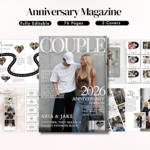 Könnte beinhalten: Eine digitale Vorlage für ein Jubiläumsmagazin mit 76 Seiten und 3 Covern. Das Hauptcover zeigt den Titel COUPLE, den Text 2026 ANNIVERSARY EDITION und ein Foto eines Paares. Enthält Layouts für Liebesgeschichten, Gutscheine und Wiedergabelisten.
