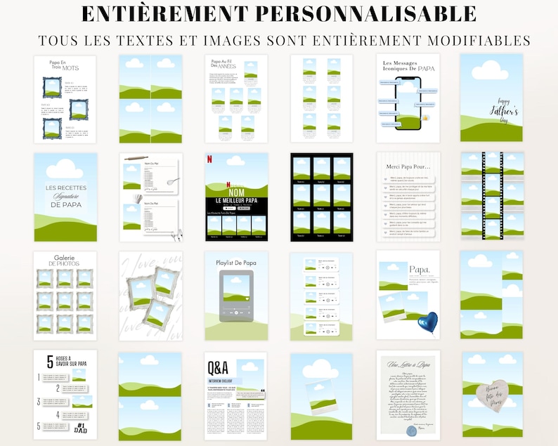 Cadeau unique pour papa : magazine imprimable de 52 pages avec 4 couvertures, entièrement personnalisable sur Canva. Idéal pour Fête des Pères, anniversaire ou occasion spéciale. Ajoutez vos propres photos, messages et souvenirs pour créer un magazine sentimental et unique. Design professionnel et moderne inspiré des magazines lifestyle. Facile à modifier sur Canva Free. Téléchargement instantané, parfait cadeau DIY émotionnel pour père.