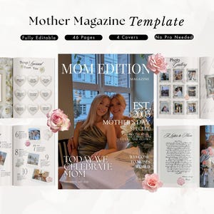 Puede incluir: Una plantilla de revista con el título "Mother Magazine Template" y el texto "Mom Edition Magazine". La plantilla incluye 46 páginas y 4 portadas. La portada presenta a dos mujeres y el texto "Today We Celebrate Mom".