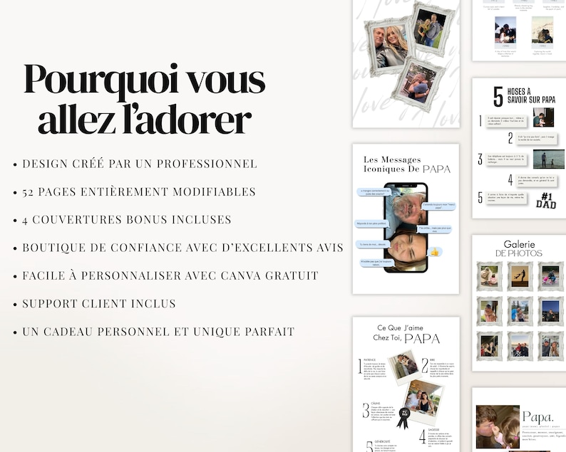 Magazine DIY pour la Fête des Pères, modèle Canva digital de 52 pages avec 4 options de couverture incluses. Cadeau imprimable pour papa, parfait pour créer un souvenir unique rempli de photos, anecdotes et messages personnels. Idéal pour anniversaire, Fête des Pères ou cadeau sentimental. Design élégant et moderne, facile à personnaliser sur Canva Free. Téléchargement instantané, cadeau créatif et émotionnel pour père ou beau-père.
