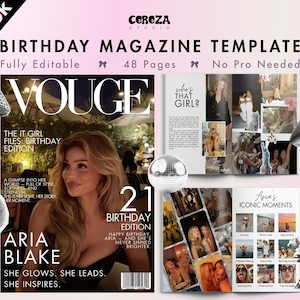 以下が含まれることがあります： ピンクと白のデザインの雑誌テンプレート。表紙には、女性の写真と「Vogue」と「21 Birthday Edition」の文字が写っています。テンプレートは完全に編集可能で、48ページあります。TikTokのロゴが含まれています。
