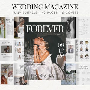Può includere: Una rivista di matrimonio intitolata "FOREVER MAGAZINE" con una coppia che si bacia sulla copertina. La rivista ha 42 pagine e 5 copertine. La copertina mostra la data "08 12 26" e i nomi "JASON & KATE". Altre pagine mostrano foto di matrimonio e dettagli.