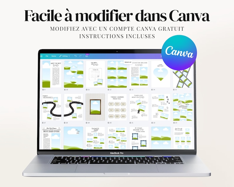 Magazine de la Fête des Pères personnalisable sur Canva, modèle digital de 52 pages avec 4 couvertures incluses. Cadeau imprimable unique pour papa, parfait pour la Fête des Pères, anniversaire ou Noël. Facile à modifier sur Canva Free sans compétences en design. Ajoutez photos, messages et souvenirs pour créer un magazine sentimental. Design moderne et professionnel type magazine lifestyle. Téléchargement instantané après achat.