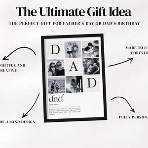 Father's Day printable poster featuring personalized dad definition, family photographs and custom text. Unique gift for father, husband or grandpa. Canva editable template, instant download, printable wall decor and memory keepsake. Modern minimalist design perfect for living room, office or family gallery wall. Last-minute personalized gift ready in just a few minutes.