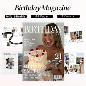 Op de afbeelding: Een magazine cover met de tekst "Birthday Magazine" en de woorden "Fully Editable", "64 Pages" en "3 Covers". De cover toont een vrouw die een taart met kersen vasthoudt. Het tijdschrift heet "Birthday Edition".